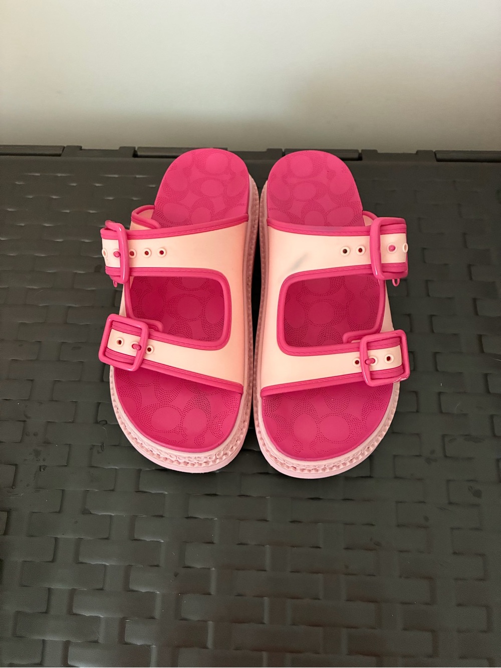Coach Pink Two-Tone Buckle Slide Sandals